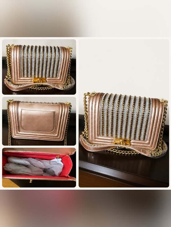 Handbags - Women’s Rose Gold Quilted Chain Shoulder Bag with Rhinestone Stripes